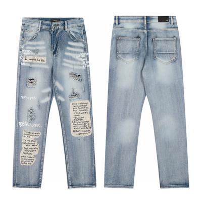 M40 Men's and Women's American Style Trendy Jeans with Fabric Patches, Holes, Embroidery, Casual and Fashionable High Street Pants