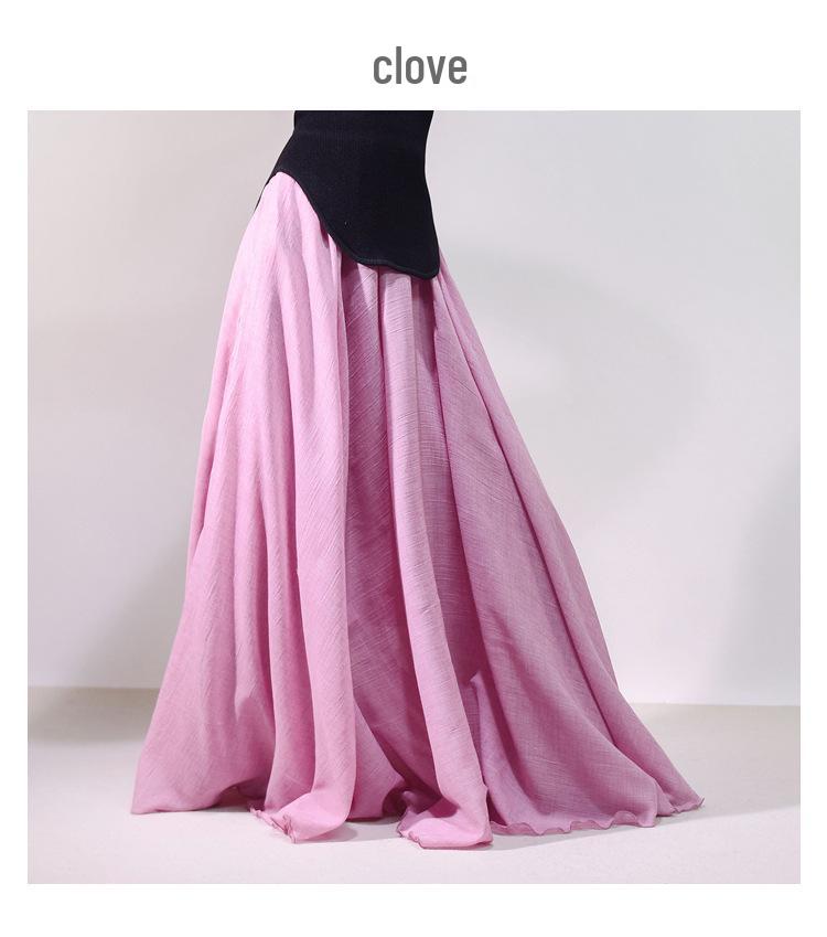 Mori Girl Cotton Linen A-Line Skirt: Elastic Waist, Long Solid Color, National Style Swing