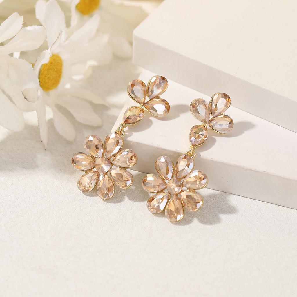 Water Crystal Peach Blossom Earrings For Women Party Evening Wear Fashion Jewelry
