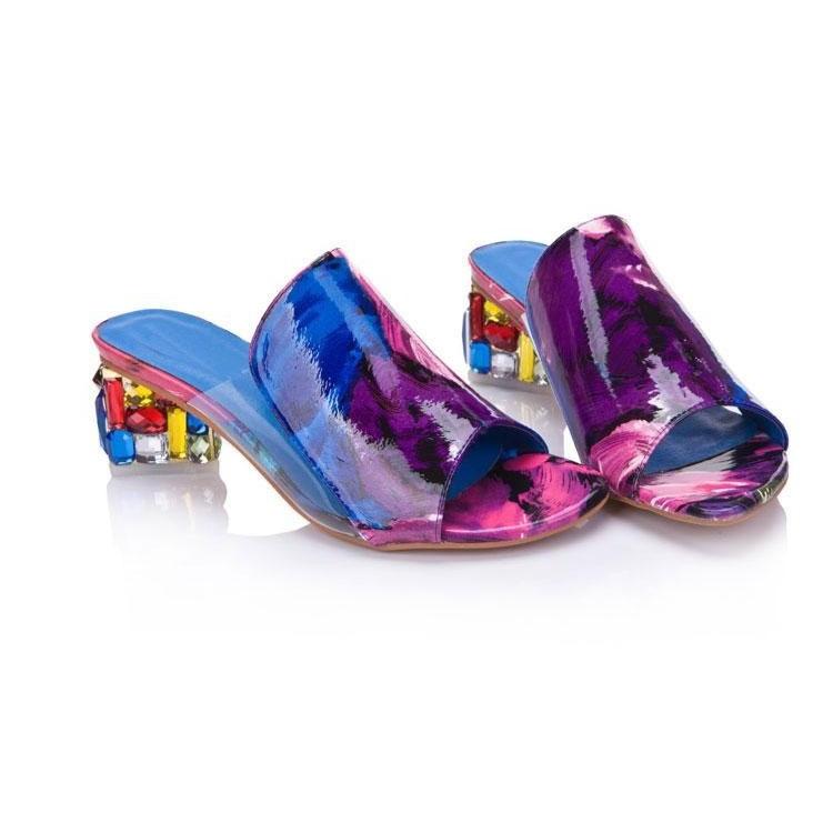 Women's Summer PU Leather Mules Sandals, Chunky Heel Rhinestone Slippers, Fashion Comfort Sandals for Party, Plus Size Available