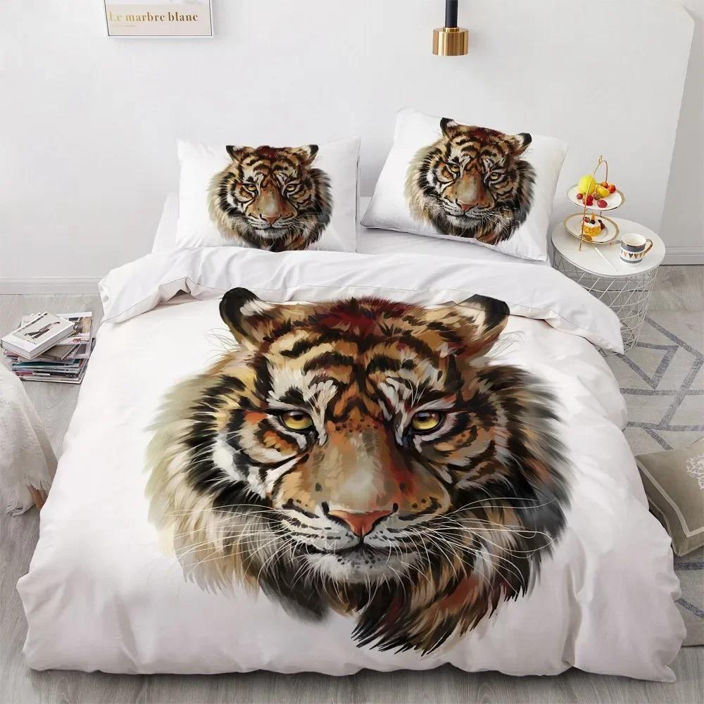 3D Bedding Set Black Duvet Quilt Cover Set Comforter Cover Pillowcase King Queen Size Animal Tiger Printed Polyester Quilt Cover