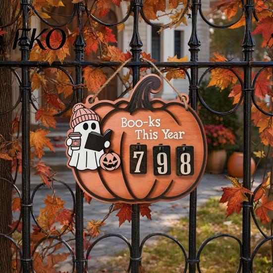 Pumpkin Ghost Design Halloween Reading Tracker Wooden Hanging Sign, Sliding Number Counter for Book Read This Year, Fun Gift Spooky Decor