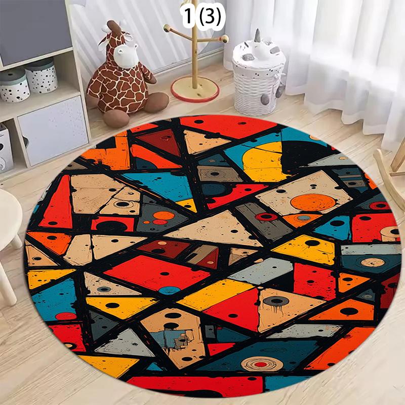 

Round Area Rug with Bold Geometric Tribal Patterns in Vibrant Multicolor for Modern Artistic Living Room Bedroom and Home Decor 80cm x 80cm
