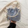 Floral Lace Drawstring Bucket Bag, Pearl Decor Handle, Metal Chain Strap, Chinese Style Small Crossbody Purse, Elegant Women Evening Handbag
