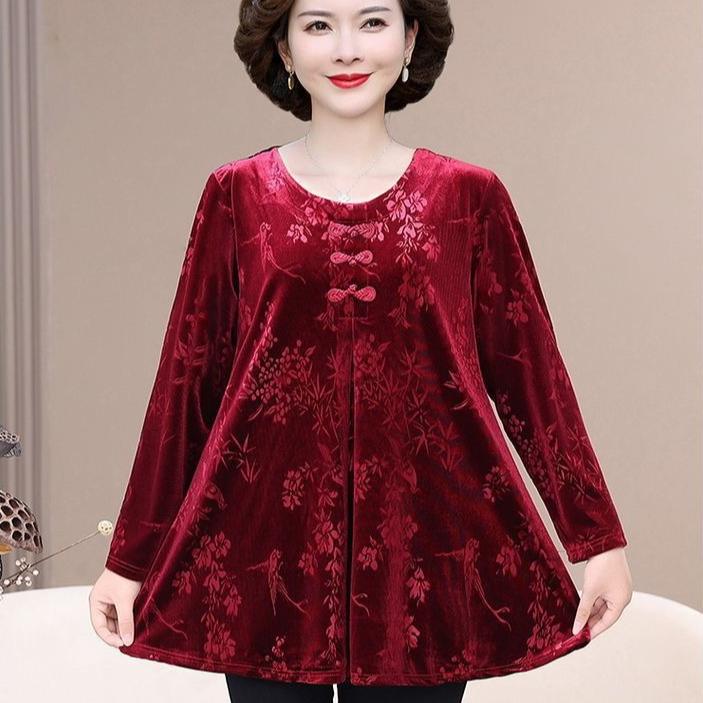Women's Plus Size Velvet Blouse Round Neck Jacquard Loose Pullover Base Shirt Long Sleeve Velvet T-Shirt Top