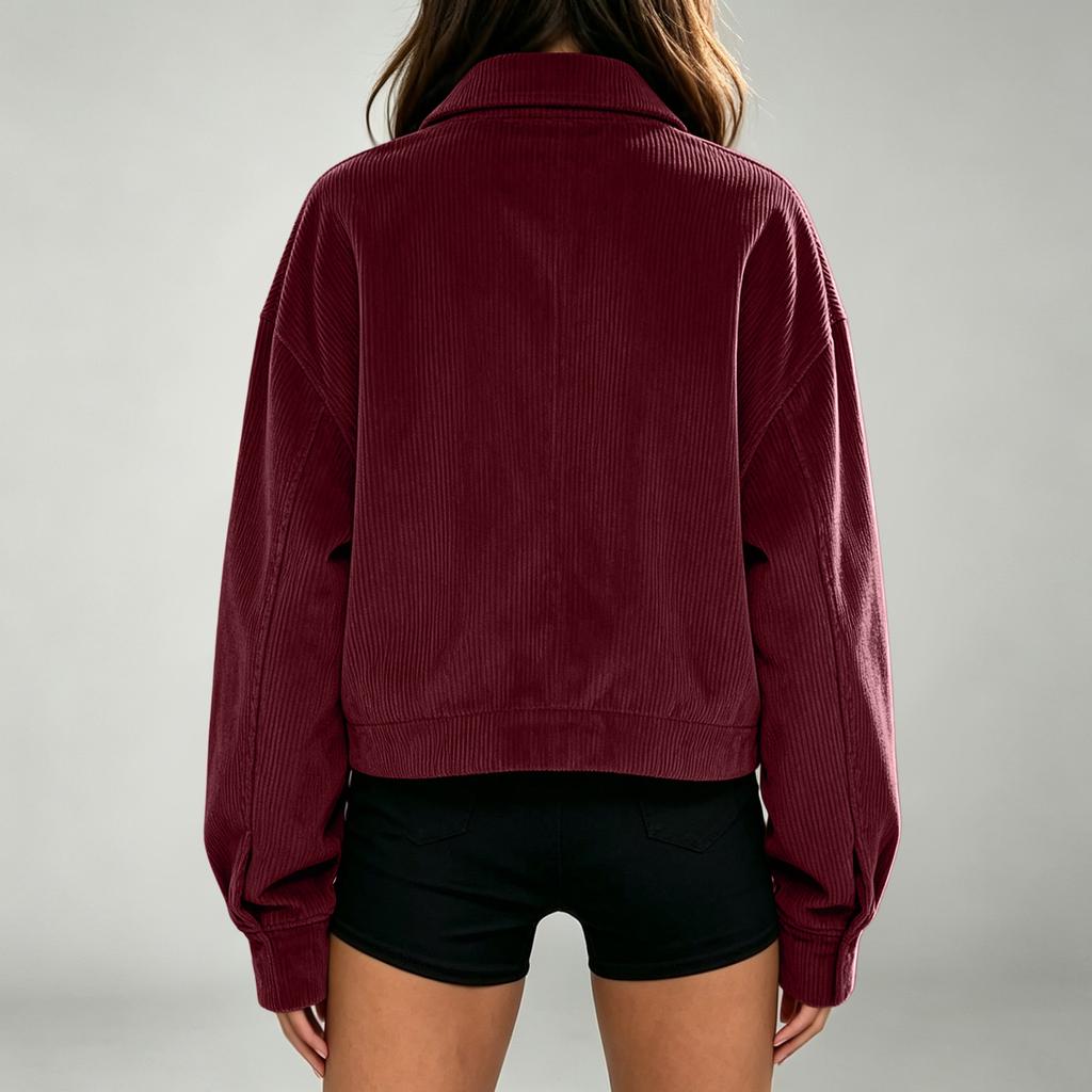 Women's Short Corduroy Jacket Single-Breasted with Lapel Collar and Pockets for Casual Daily Wear