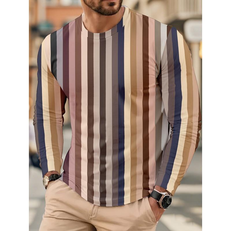 Modisches Farbblockmuster Frühlings-T-Shirt für Herren Bunte Streifen 3D-Druck T-Shirts Lässige lockere Tees Street Tops Lange Ärmel