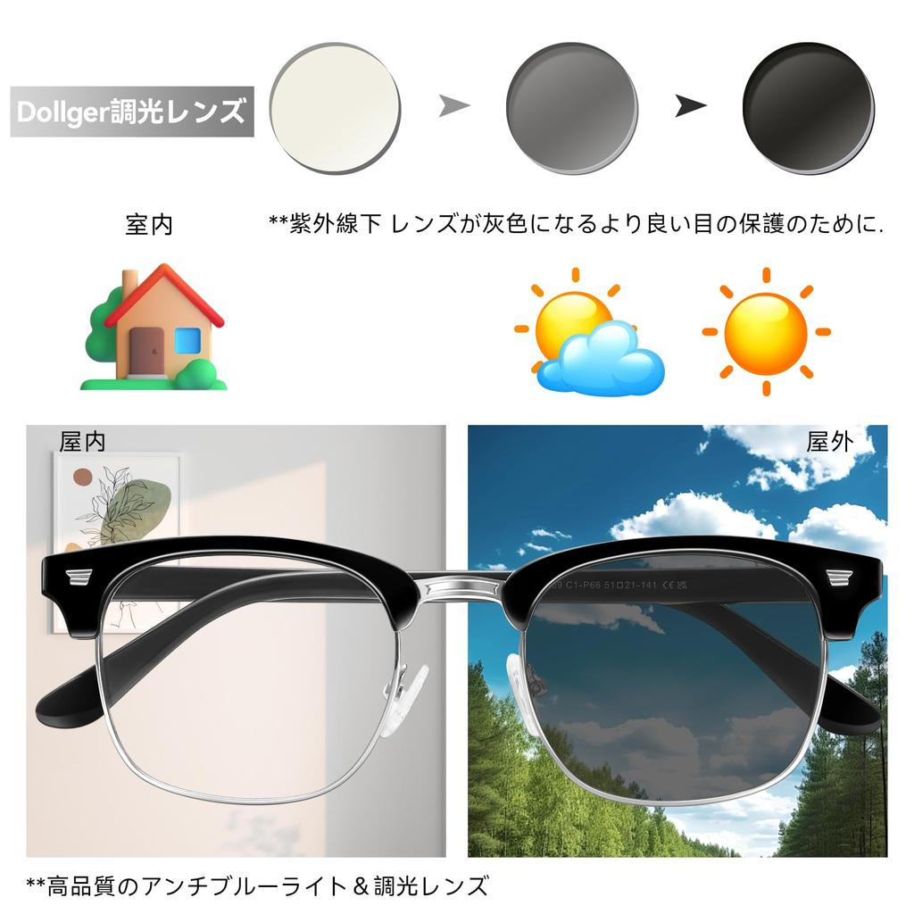 Blue Light Blocking Fashion Photochromic UV Computer Black [Dollger] Glasses, Glasses, Sunglasses, Protection, Non-Prescription, Ultra-Lightweight,