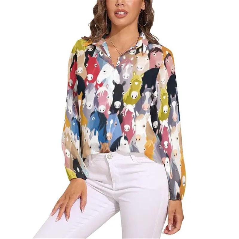Camicia Colorata con Cavalli a Manica Lunga Camicie da Donna Cavalli Segreti Corse Camicie Vintage Top da Strada Femminili Primavera Estate
