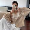 2026 New Style V-neck Solid Color Heavy Embroidered Pearl Single-breasted Lantern Long-sleeved Top
