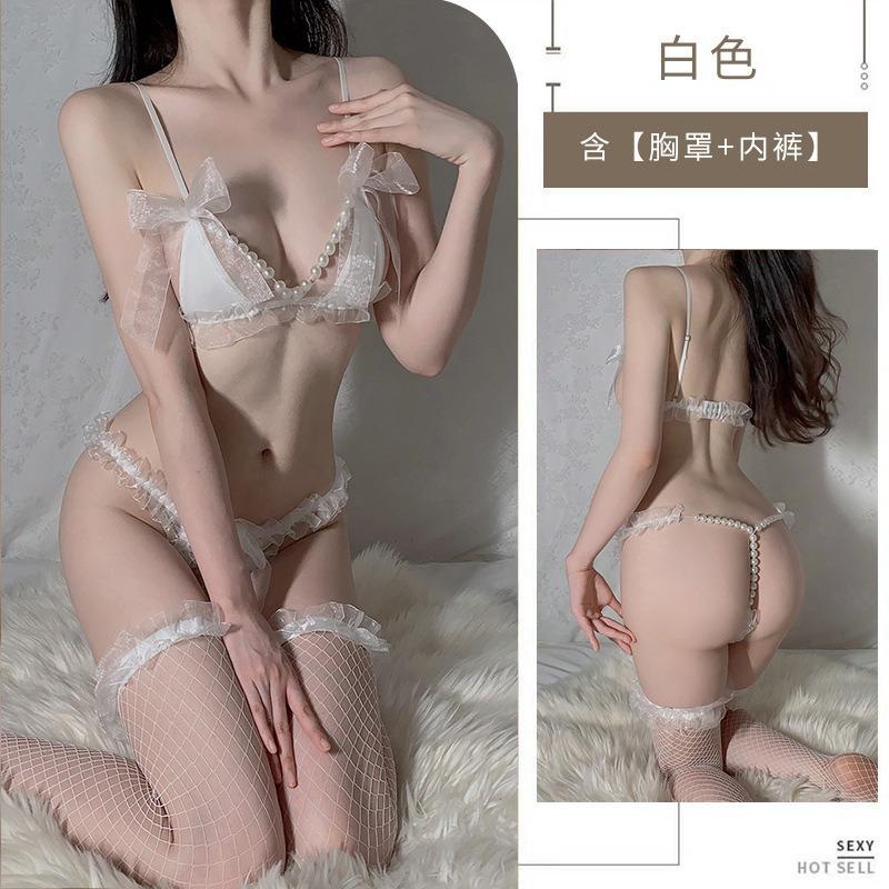 Sexy lingerie pajamas women's lace three-point pearl temptation qn uniform thong set supplies