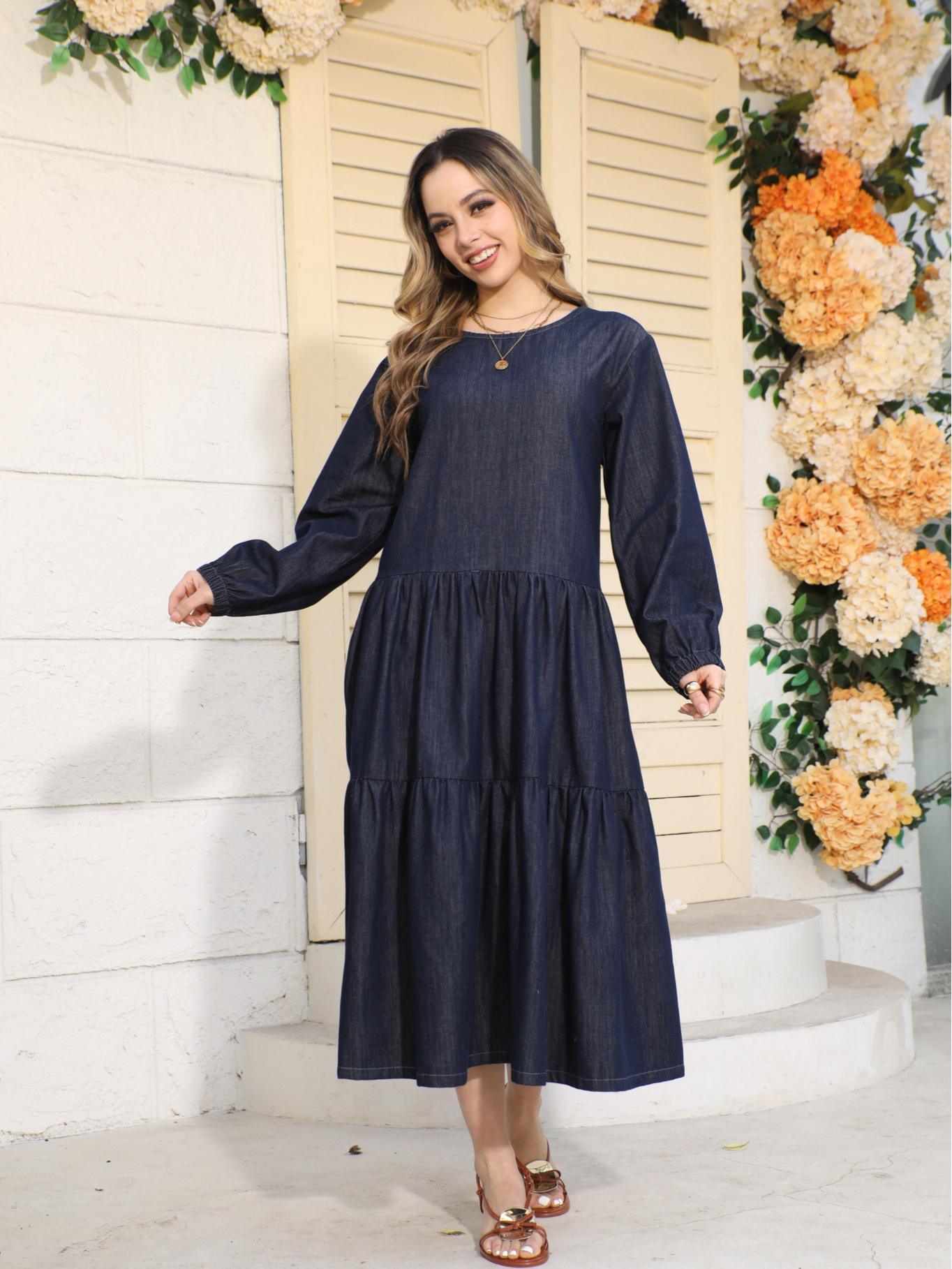 Women s Retro Patchwork Denim Dress - Autumn Mid-Length Slimming Style Extra Large