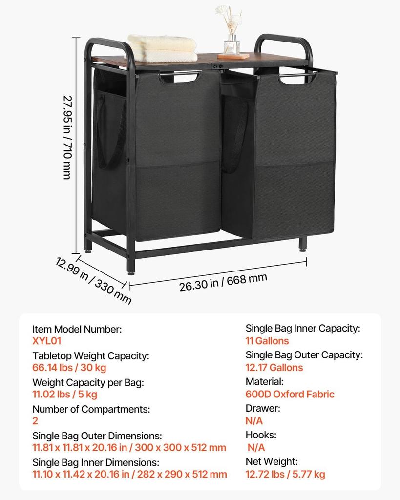 2 Section Laundry Sorter with Pull-Out Bags Metal Frame & Wooden Tabletop