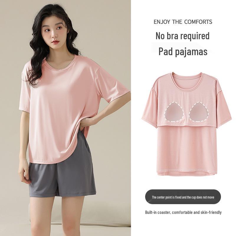 Women's Summer Modal Pajama Set with Chest Pad - Short Sleeve and Shorts, Cool Rayon, Anti-Bump, Suitable for Outdoor Wear