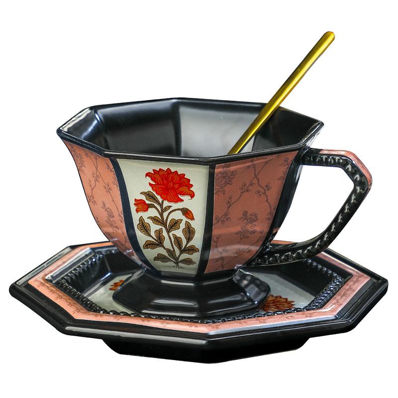European Octagonal Rose Coffee Cup With spoon Retro Floral Tea Cups Elegant Afternoon Tea Ceramic cup  200ml чёрный