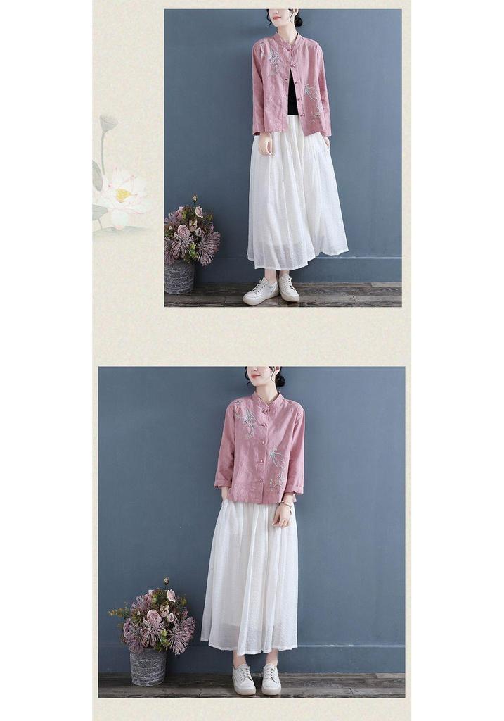 Chinese Style Embroidered Linen Shirt: Retro Long Sleeve with Frog Buttons & Stand Collar
