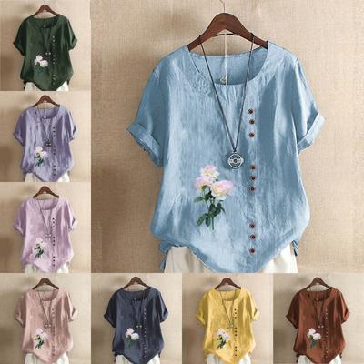 Women's Fashion Flower Print Short Sleeve T-shirt Loose Cotton Shirt Casual Loose Summer Blouse Tops Plus Size