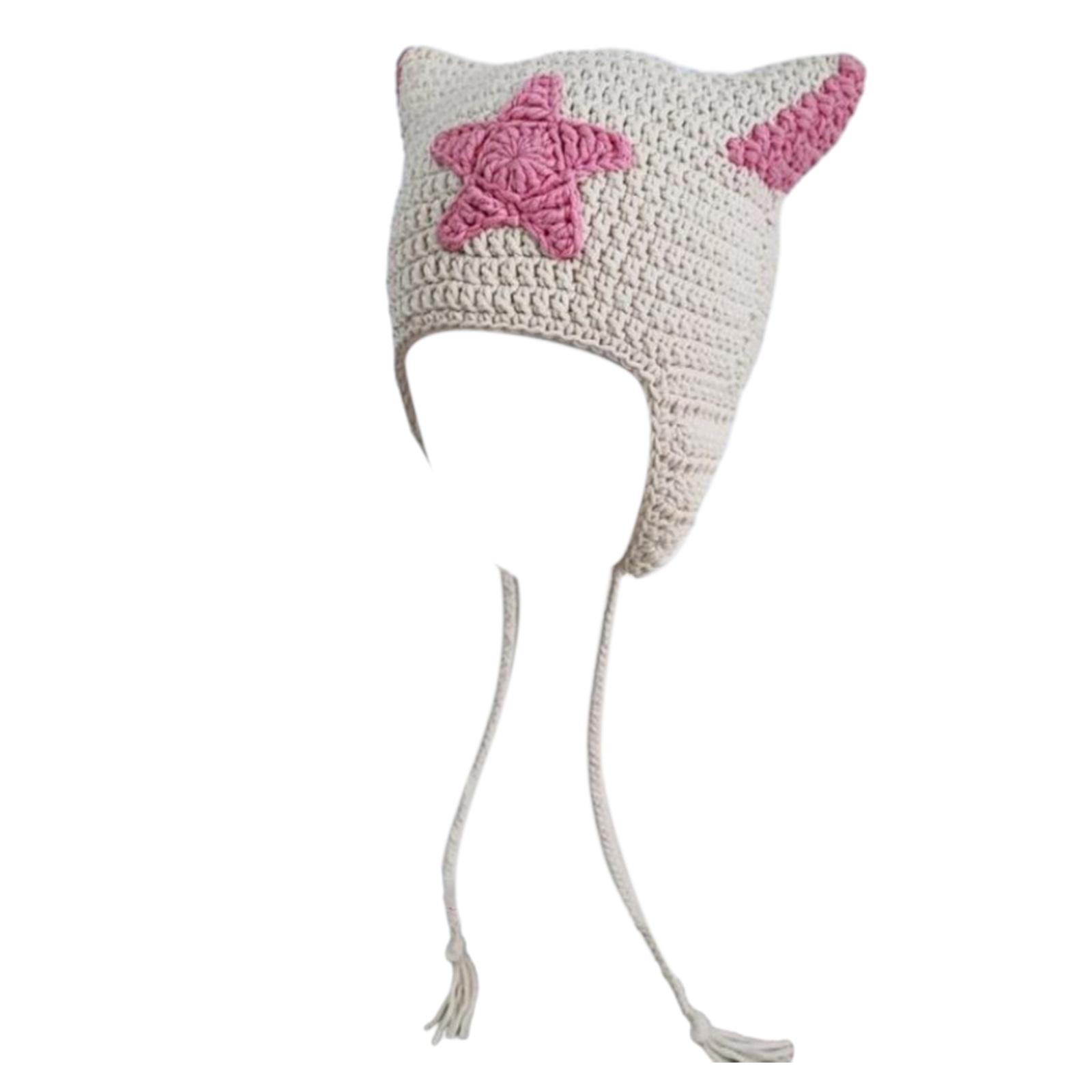 

Шапка-бини с кошачьими ушками для женщин, стиль харадзюку, шапка с черепом со звездой/полоской, ручная работа, вязаная крючком шапка, Y2K, крутые девичьи теплые головные уборы D