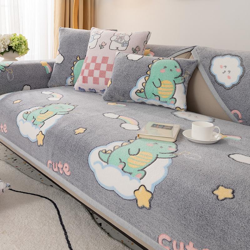 Sofa Cushion Winter Cartoon Non-Slip Cushion Cover Towel Cute Thickening Plush Sofa Cover