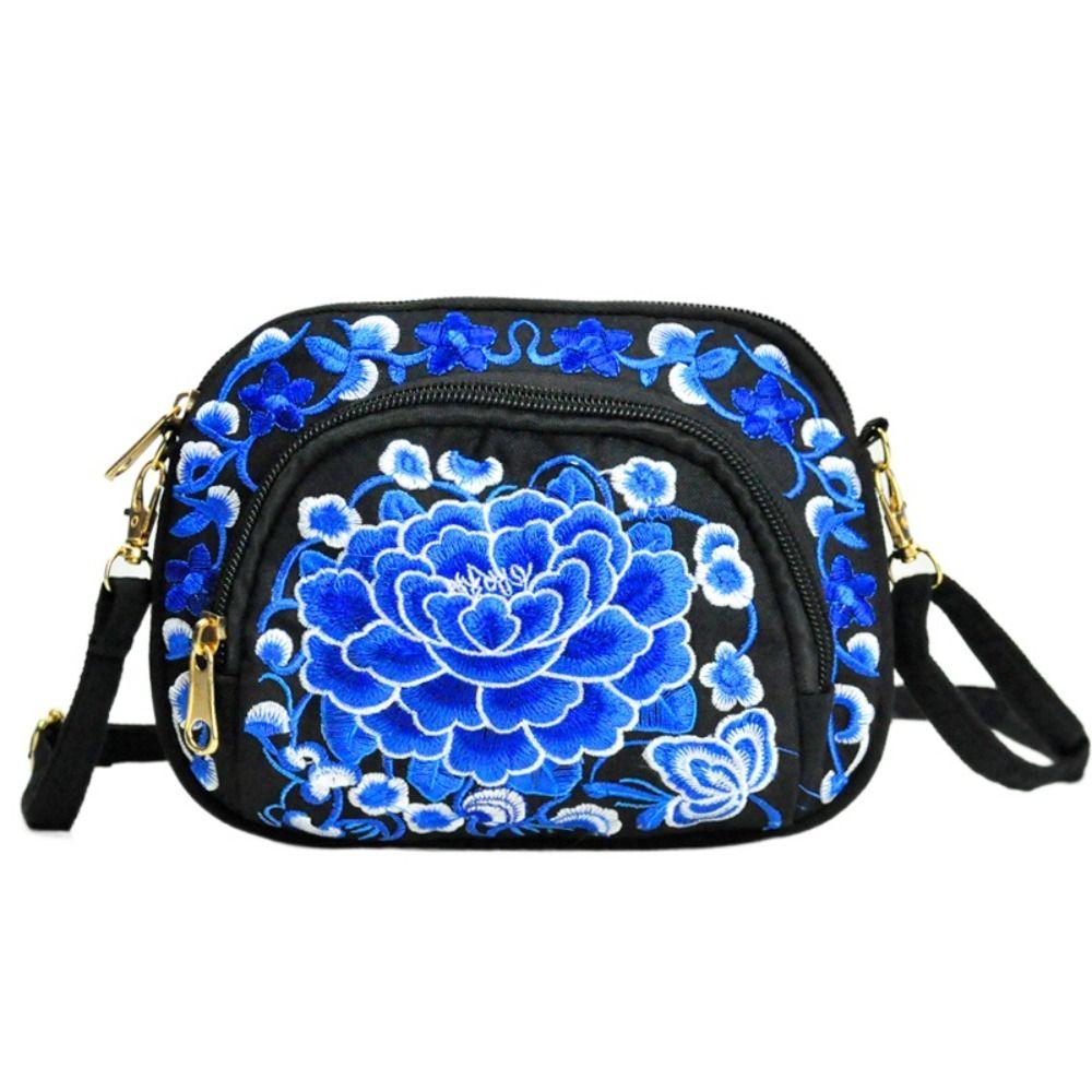 Peony Embroidery Flower Shoulder Bag Canvas Zipper Flower Purse Wallets  Daily