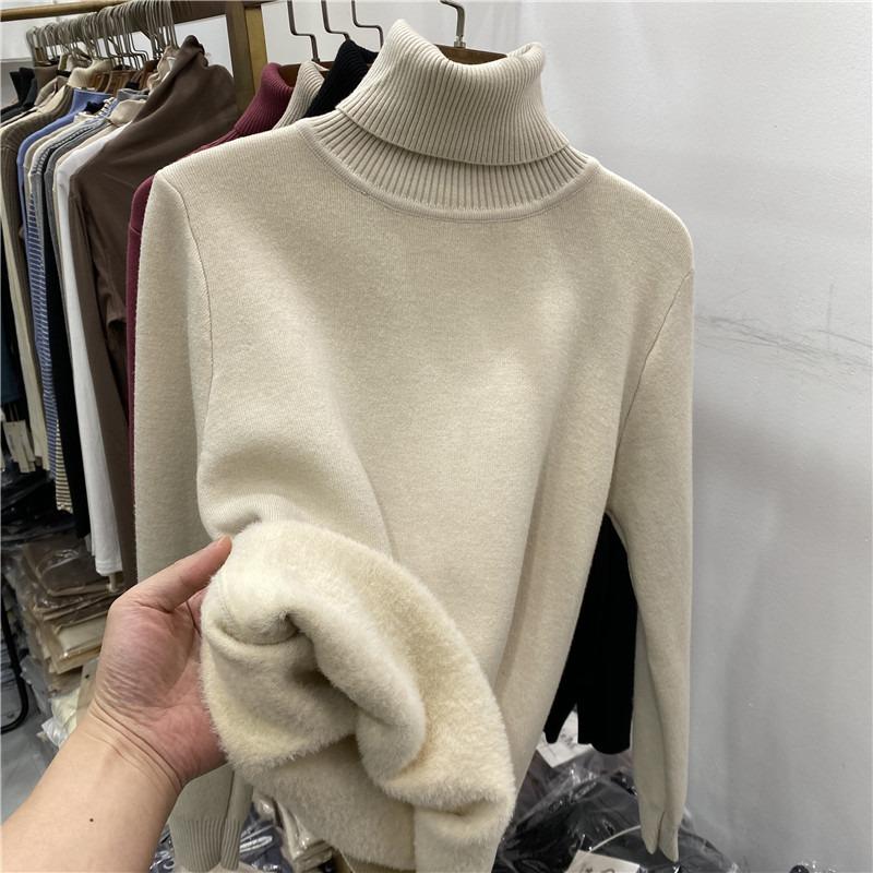 Autumn Winter Turtleneck Fleece Women Sweater Thick Warm Top Bottoming Shirt Inner Pullover Casual Simple Knitted Sweaters Loose Basic Simple Clothing