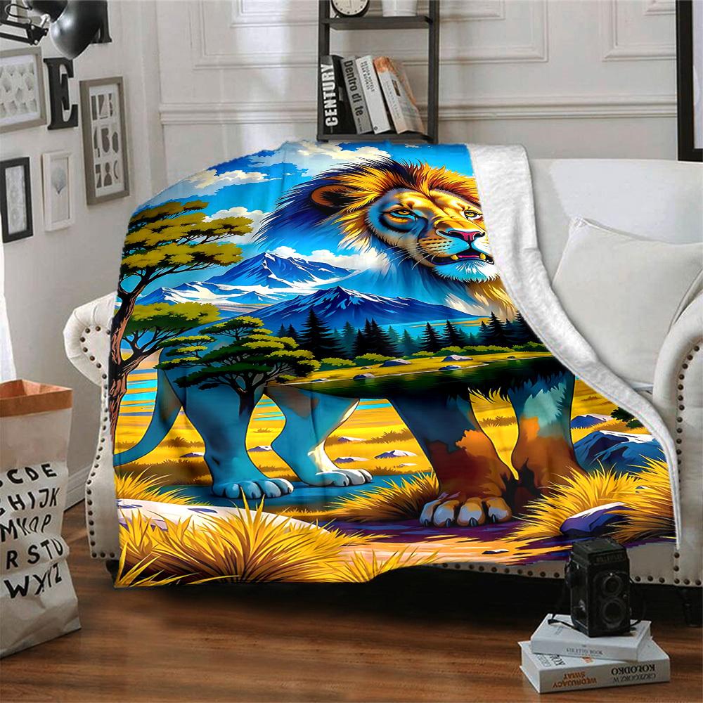 1pc Lion Safari Landscape Blanket Lightweight Blanket Throw Blanket For Sofa, Bed, Travel, Camping, Livingroom, Office, Couch, Chair yy251010016