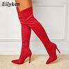 Eilyken Sexy Fashion Pointed Toe Over-The-Knee Boots Women Red Zipper High Heels Shoes Winter Striptease Motorcycle Long Botas