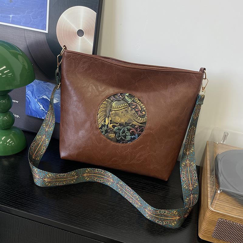 Vintage jednokolorowa PU skóra damska moda torba na ramię o dużej pojemności prosty szeroki pasek torebka typu Bucket Crossbody dojazdy do pracy