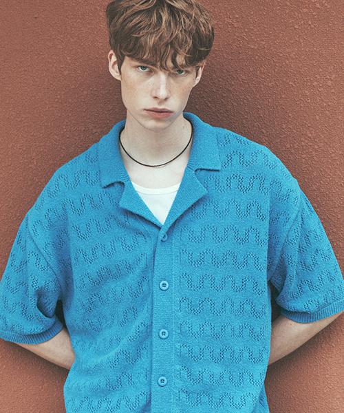 River Classy [25Ss] Llm51503 Blue Mesh Solid Collar Button-Up Half Knit 95