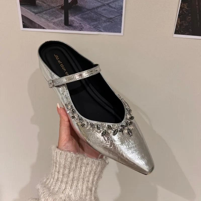 Fashion 2025 New Added Interior Cover Toe Shoes for Women's Slippers Outdoor Flash Slide Pointing Summer Crystal Covered Toe Shoes