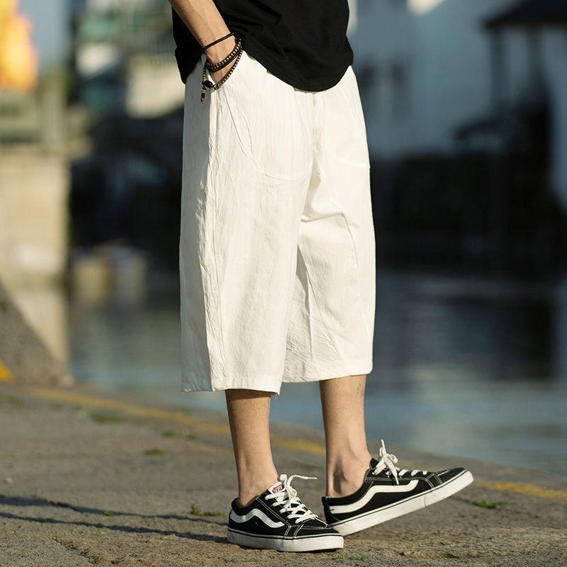 Summer Thin Cotton Linen Men's Loose Fit Seven-Foot Pants Wide Leg Casual Shorts Comfortable Breathable Lightweight Trousers