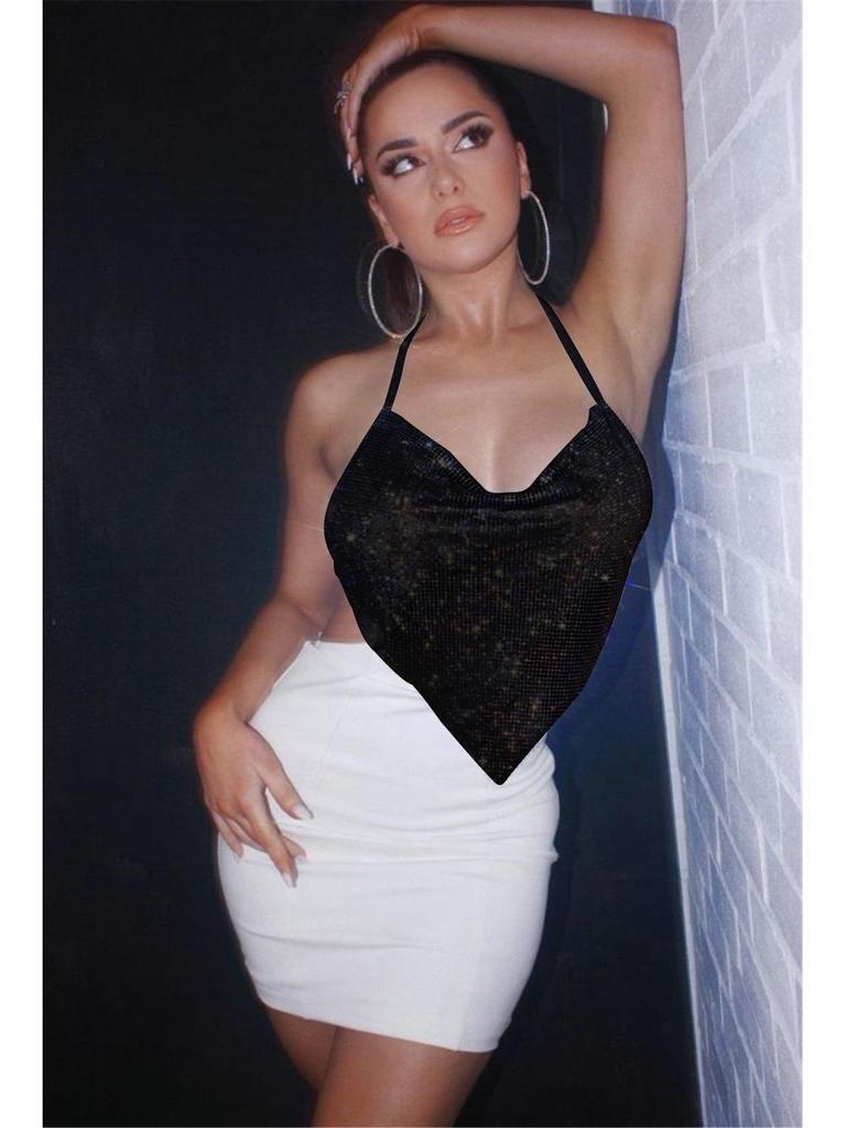 Glamorous Metal Chain Halter Neck Splicing Diamond Vest for Women - European and US Style Nightclub Fashion