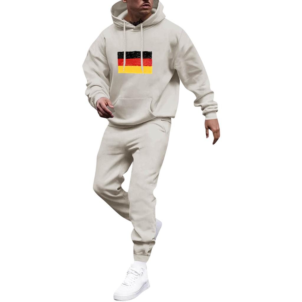 Men's Solid Color Flag Print Hooded Universal Versatile Hooded Sweatshirt Sweatpants Casual Sports Suit