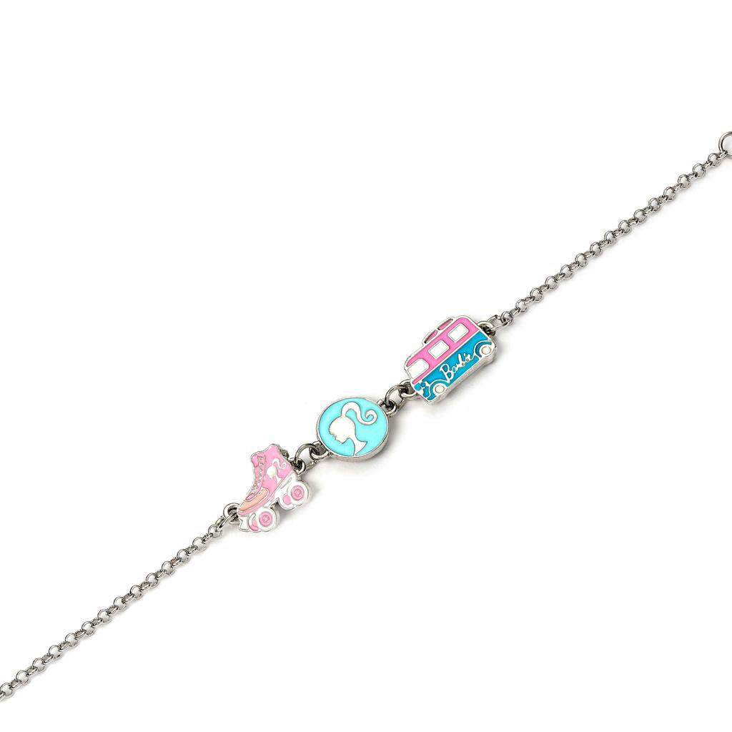 barbie Charm Bracelet with Three Enamelled Fun Charms - Silhouette, Skate, & Camper Van