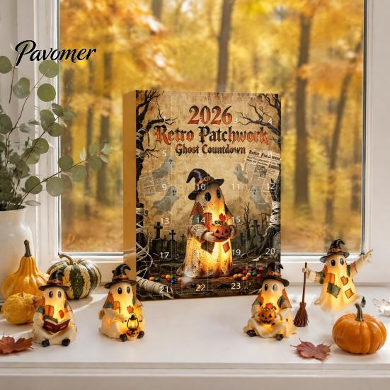 Seasonal Home Accents Halloween Advent Calendar, 24 Day Countdown Box with Mini Country Style Party Decor Ghost Figures, Rustic Farmhouse for