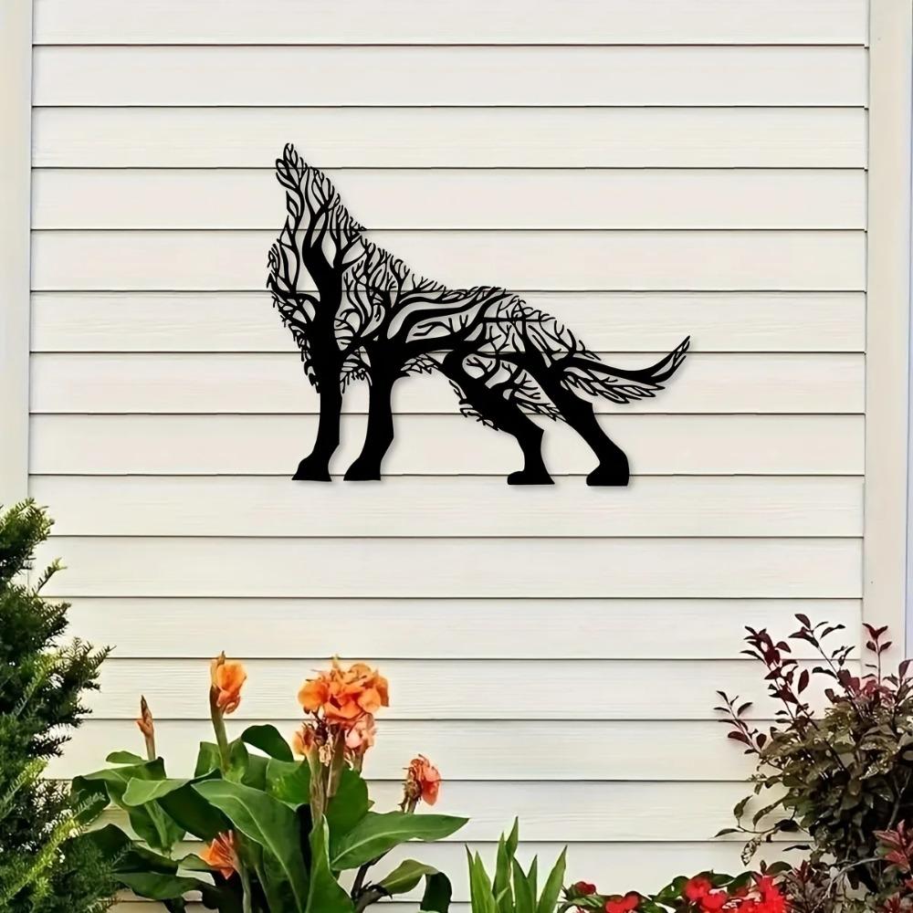 Wanddekoration aus Eisen mit Baumzweig und Wolf, einzigartige Innendekoration, ideal für die Wohnzimmerwand, stilvoll und elegant