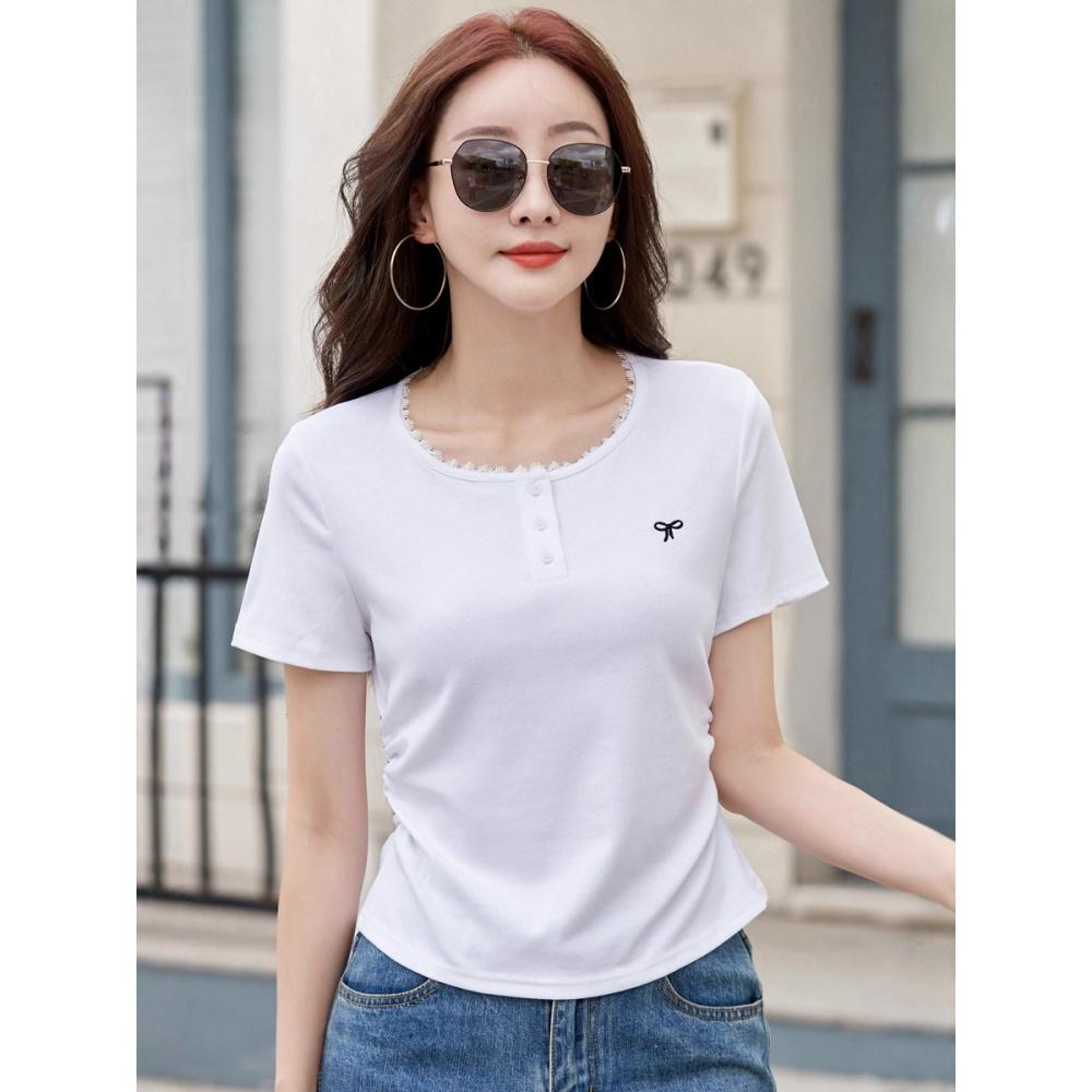 Gray Lace Trim Short Sleeve T-Shirt for Women Summer Ruched Waist Slimming Regular Shoulder Bow Embroidered Top