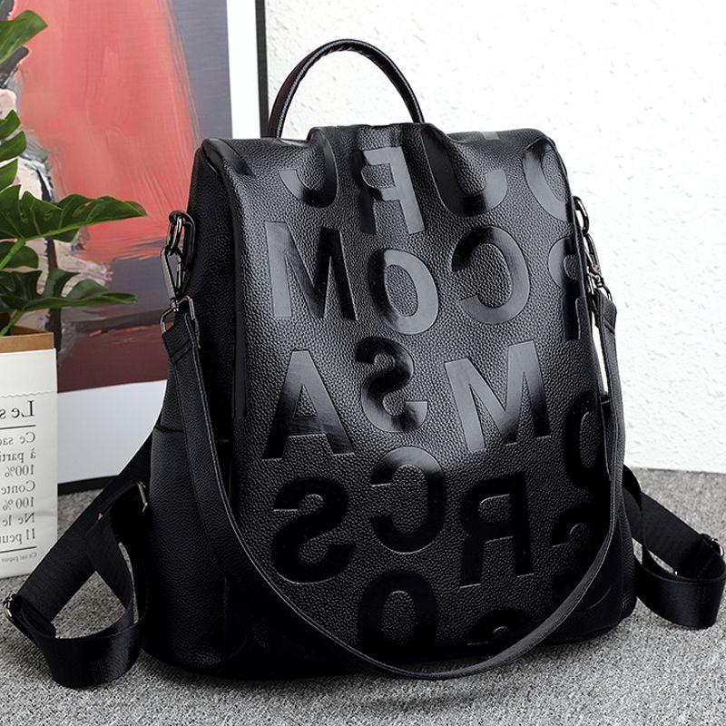 Zaino Antifurto da Donna con Lettera alla Moda, Borse a Spalla da Donna in Pelle PU di Alta Qualità, Impermeabile, Borsa da Scuola per Ragazza, Mochila