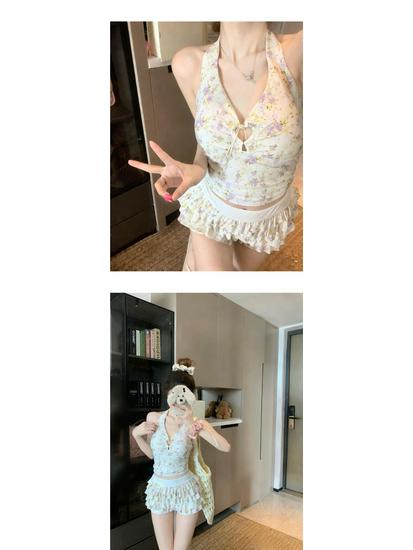 Floral Halter Neck Slimming Swimsuit: 2025 Two-Piece Skirt Style, Push-Up for Small Busts, Conservative Design, Pure Desire.