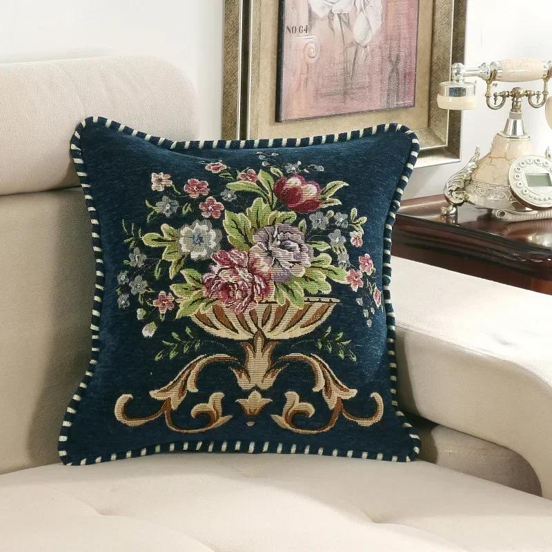 Chenille Jacquard Retro Pillowcase European Style Throw Cushion Cover 48x48cm for Bed Sofa Couch Living Room Bedroom Decorative