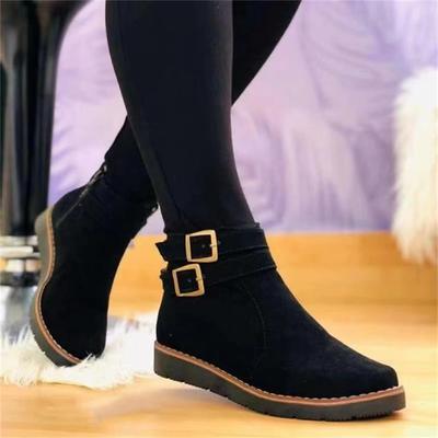 Autunno/Inverno Nuovo Stile Tinta Unita Design Fibbia Stivaletti da Donna a Tubo Corto Punta Rotonda Modello Fondo Piatto Stivali da Donna alla Moda