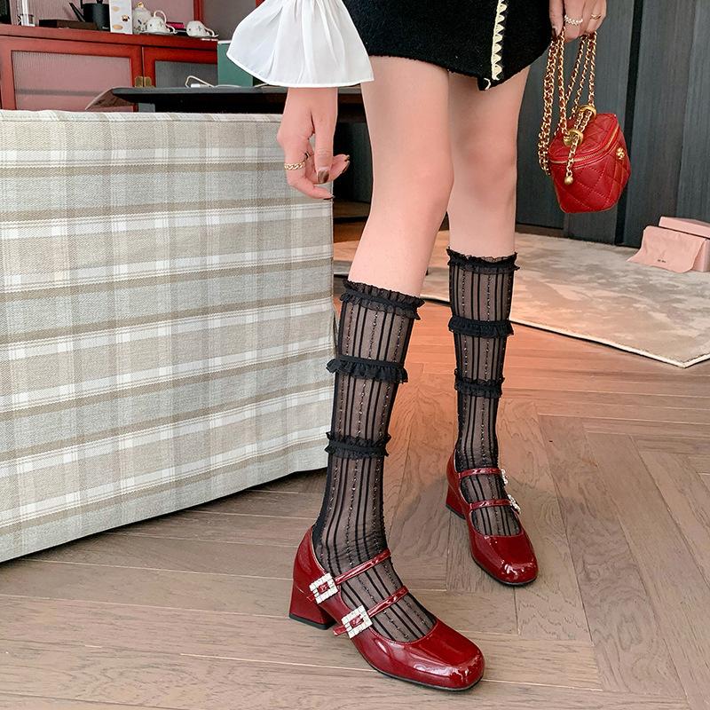 2025 Early Spring Round Head and Leather Shallow Mouth One-word Buckle with Rhinestone Square Buckle Single Shoes Bai and Mary Jane Women