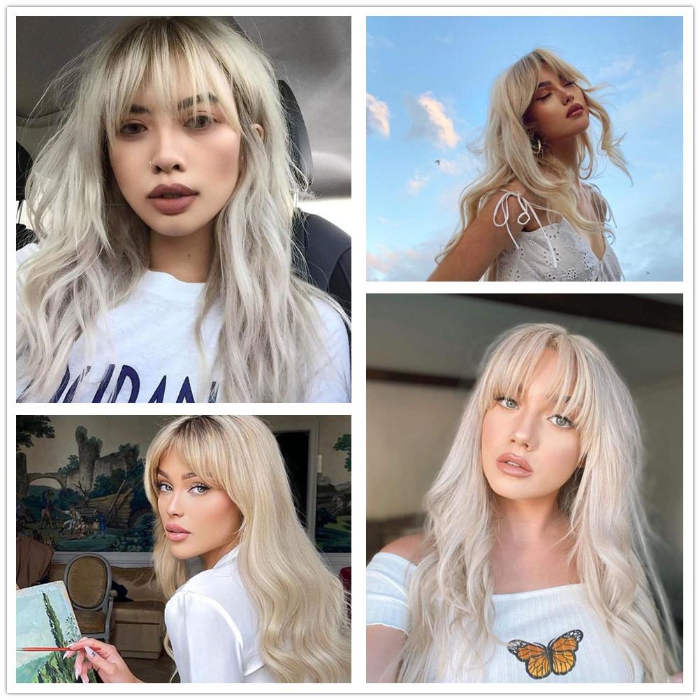 ALAN EATON Long Womens Wigs with Bangs Ombre Brown Platinum Blonde Wigs Side Part Synthetic Wavy Wigs for African American Women