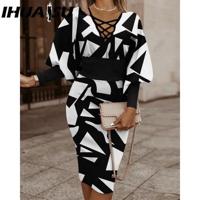 Automne Hiver Manches Longues Col V Sac Banane Hanche Robe Col V pour Femmes