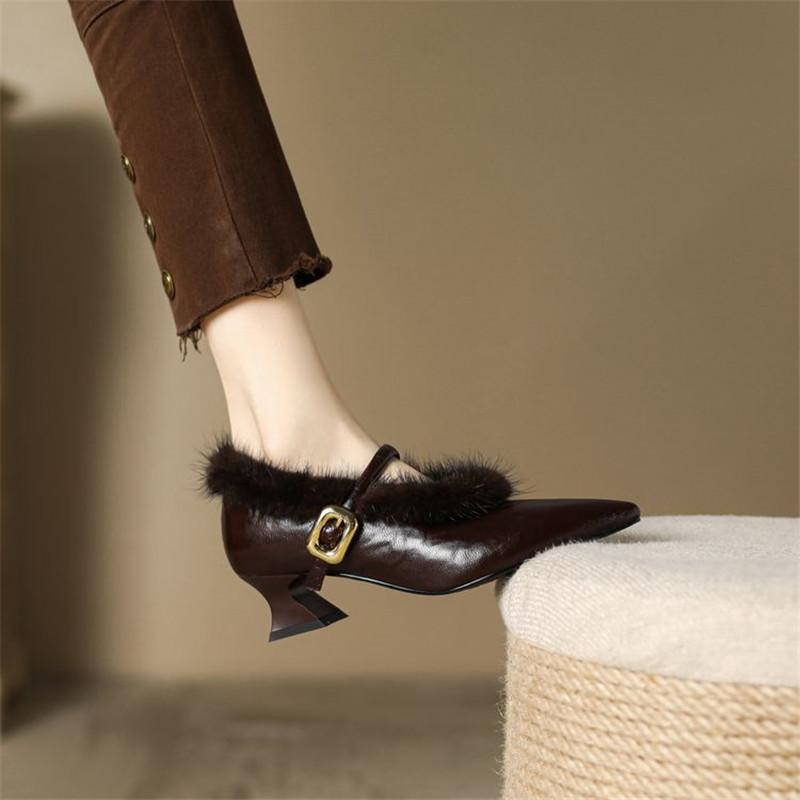 Mote Nye Høst Vinter Saueskinn Dame Pumps Sko for Kvinner Mote Spiss Tå Pels Sko Zaptos Mujer Mary Jane Sko Kvinner