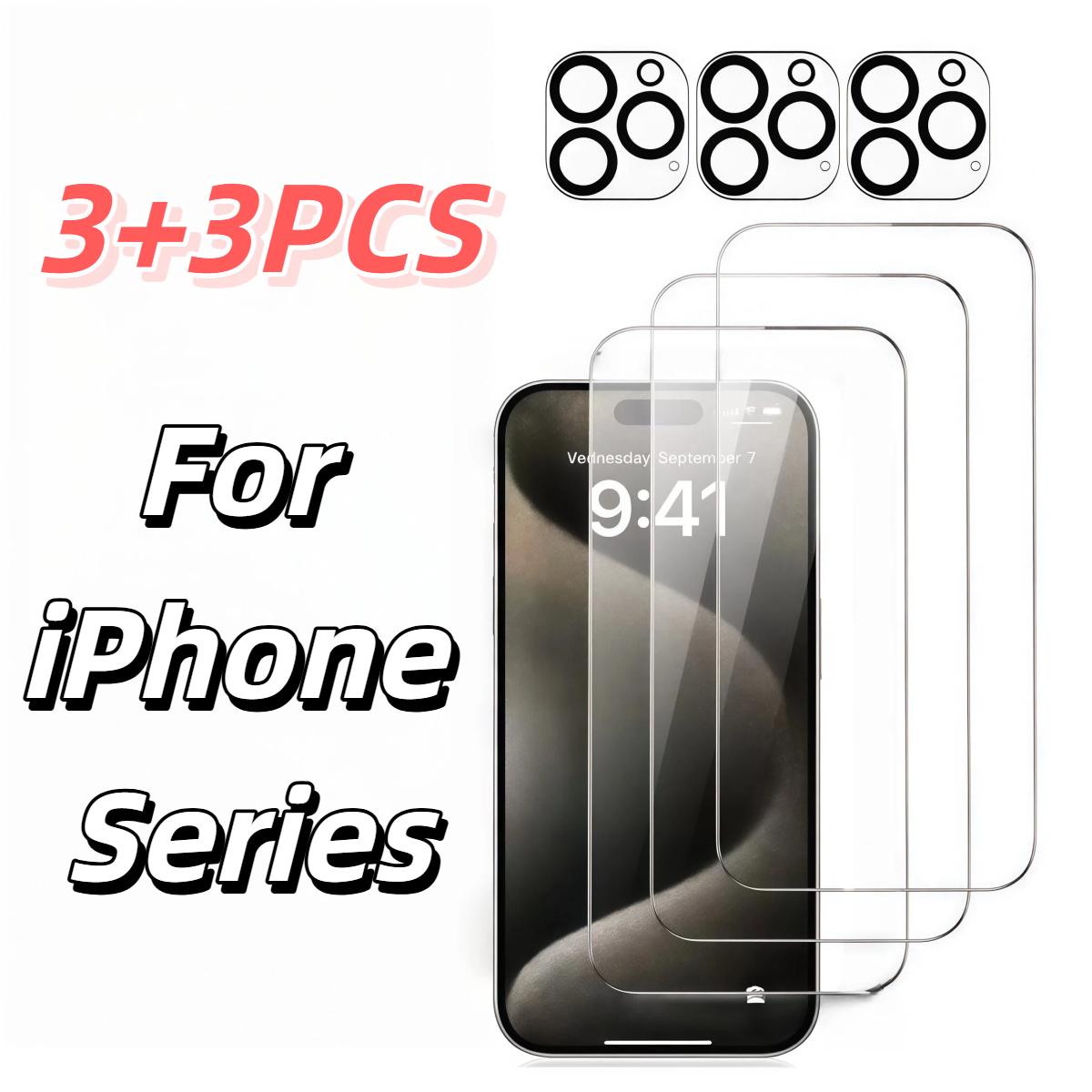 

3PCS HD tempered glass screen protector for iPhone Air/17ProMax/16Plus/15Pro/14/13/12/11 series + 3PCS rear camera lens protecto iPhone 13 mini