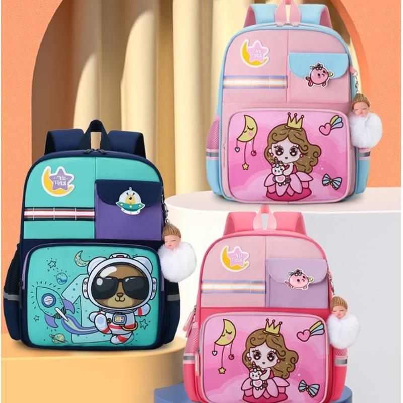 Cute Cartoon Backpack For 1-2 Grade Kids Lightweight Breathable Nylon Material Load Reduction Animal Pattern