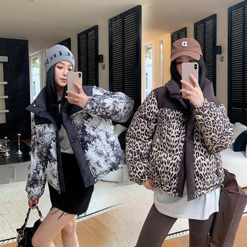 Abrigo Corto Estampado con Cuello Alto y Acolchado Grueso de Algodón Chaqueta de Invierno