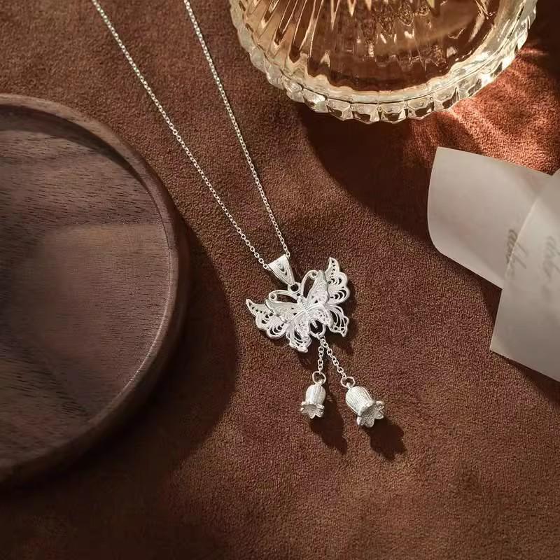 Sterling Silver S990 Filigree Butterfly & Lily Tassel Pendant Necklace for Women - Elegant Clavicle Chain Valentine s Day Gift. Filigree Butterfly Pendant