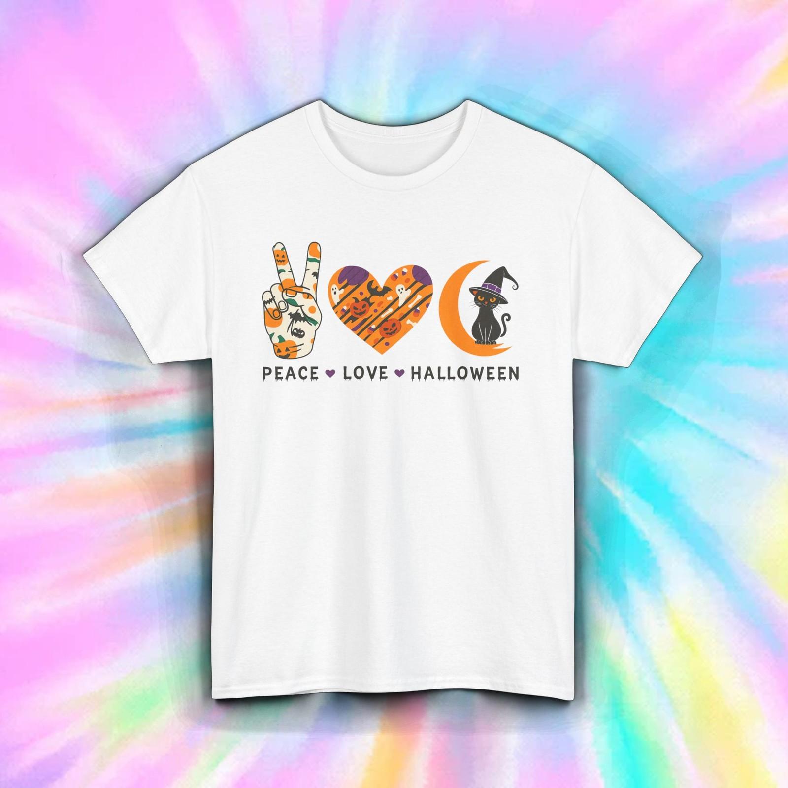 Peace Love Halloween Shirt Cute Spooky Fall Pumpkin Cat Ghost Costume Tee S-5XL XL